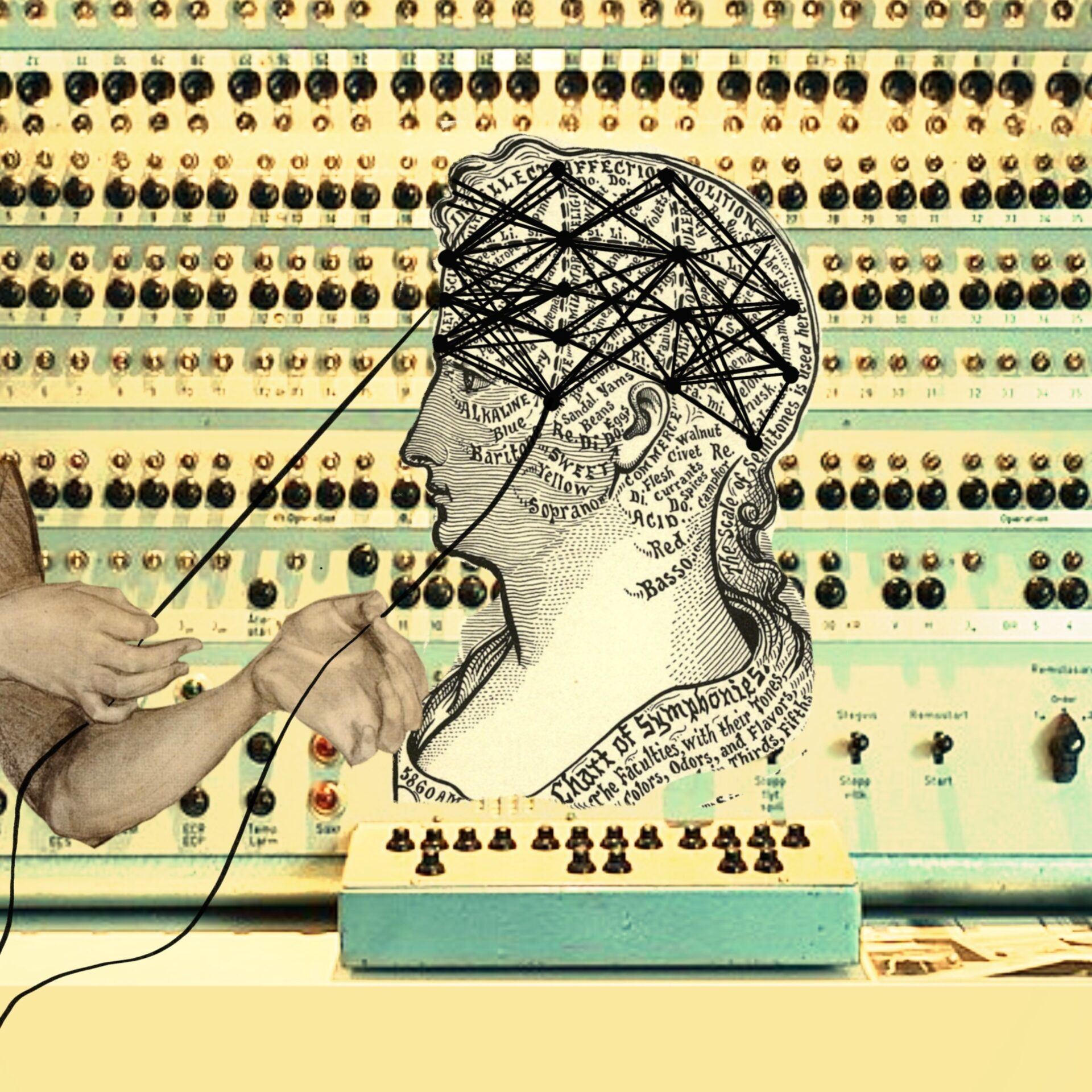 A collage featuring a vintage illustration of a woman’s head mapped with labeled sections resembling a phrenology chart. The mapped sections are overlaid by a neutral network diagram– depicting crisscrossing black lines. Two anonymous hands extend from the left side, pulling on two wires from the diagram. In the background is a panel of the Turing Machine with numerous knobs and switches, highlighting a connection between the history of computing, psychology, biology, and artificial intelligence.
