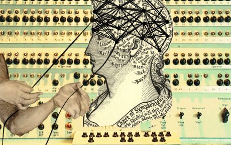 A collage featuring a vintage illustration of a woman’s head mapped with labeled sections resembling a phrenology chart. The mapped sections are overlaid by a neutral network diagram– depicting crisscrossing black lines. Two anonymous hands extend from the left side, pulling on two wires from the diagram. In the background is a panel of the Turing Machine with numerous knobs and switches, highlighting a connection between the history of computing, psychology, biology, and artificial intelligence.