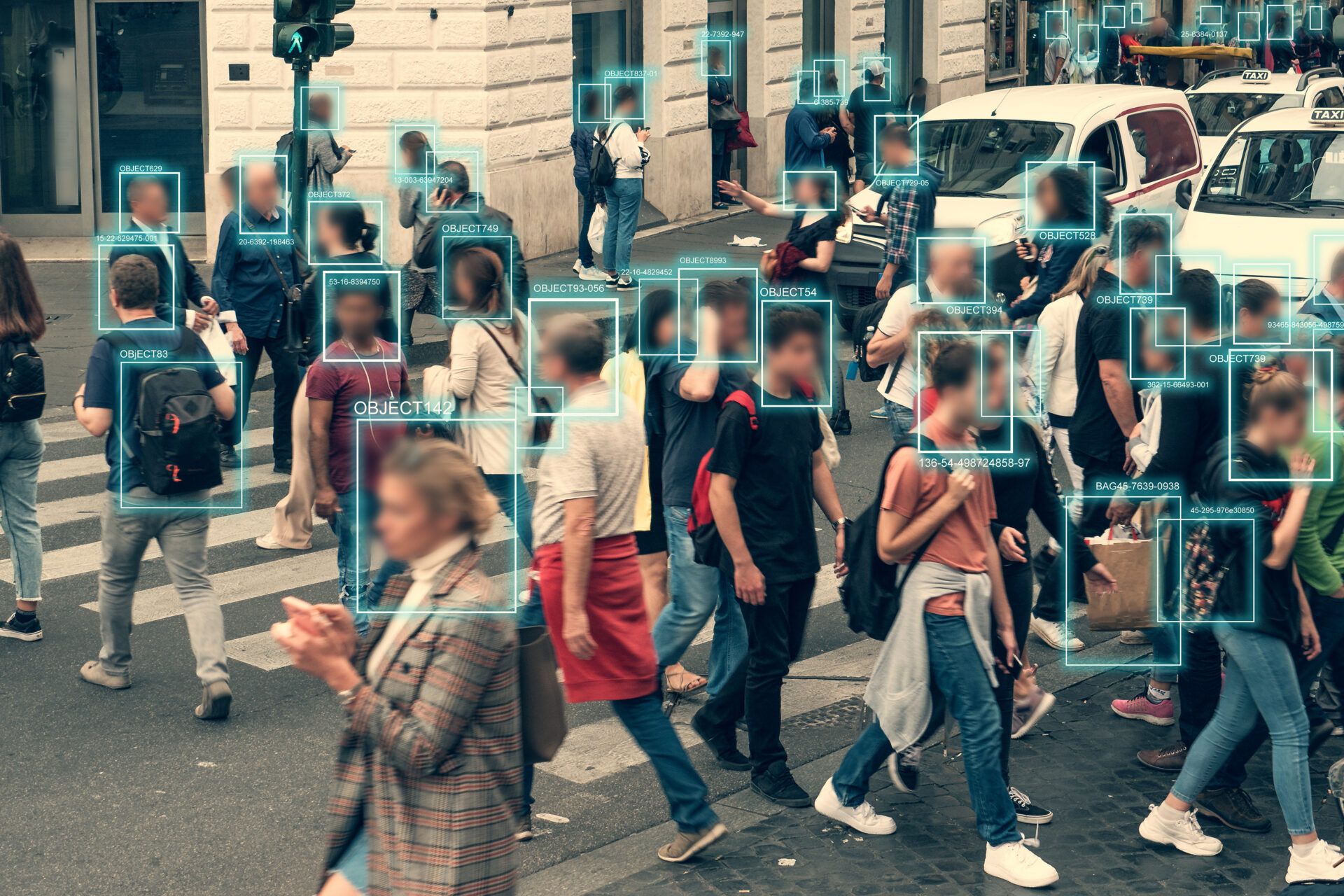 Face detection and recognition of citizens people, AI collect and analyze human data. Artificial intelligence AI concept as technology for safe city in future.